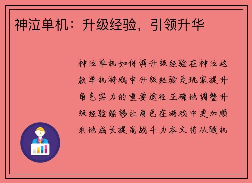 神泣单机：升级经验，引领升华